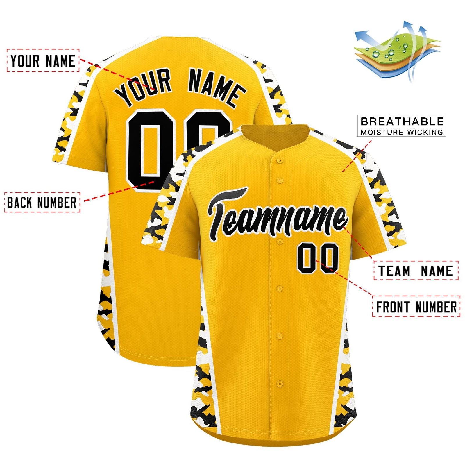 Custom Yellow Black Side Camo Style Personalization Baseball Jersey| KXKSHOP