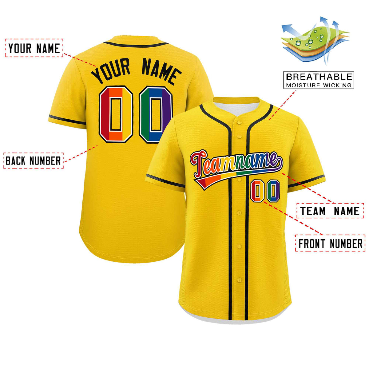 Custom Gold LGBT Rainbow For Pride Month Classic Style Authentic Baseball Jersey