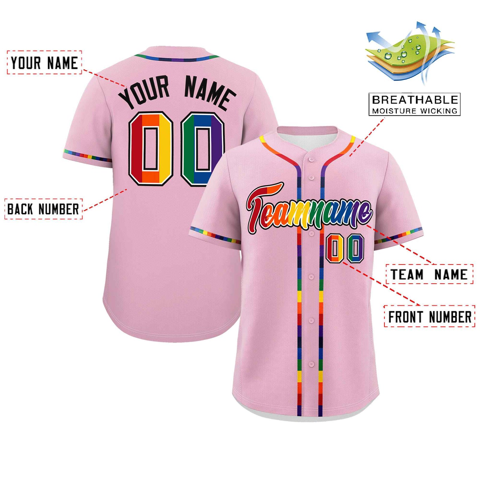Custom Light Pink LGBT Rainbow For Pride Month Classic Style Authentic Baseball Jersey