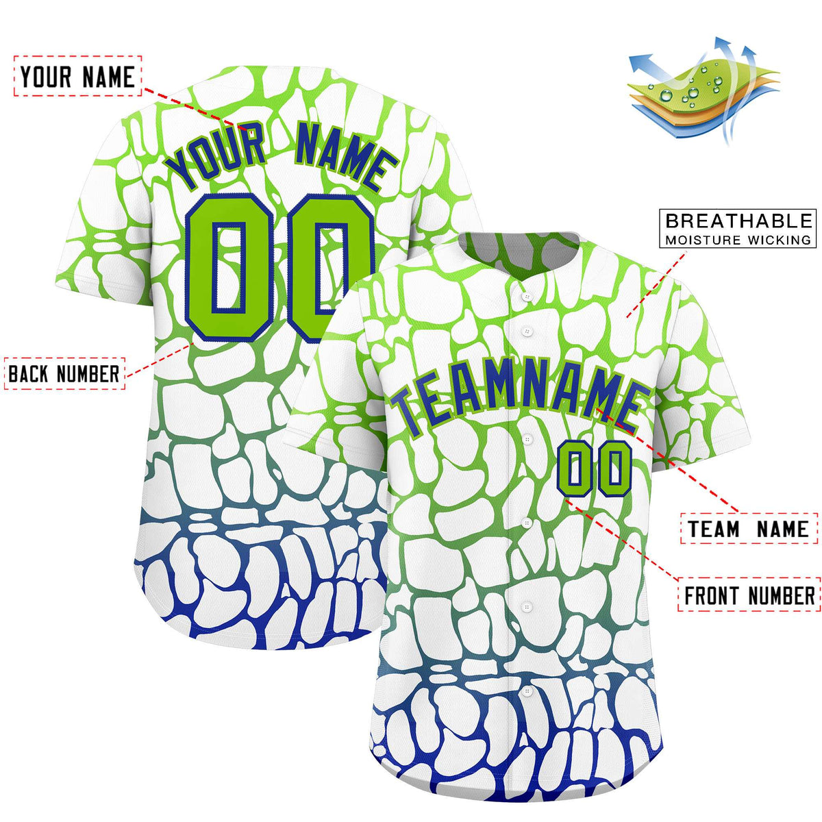 Custom Neon Green Royal Giraffe Graffiti Pattern Authentic Baseball Jersey