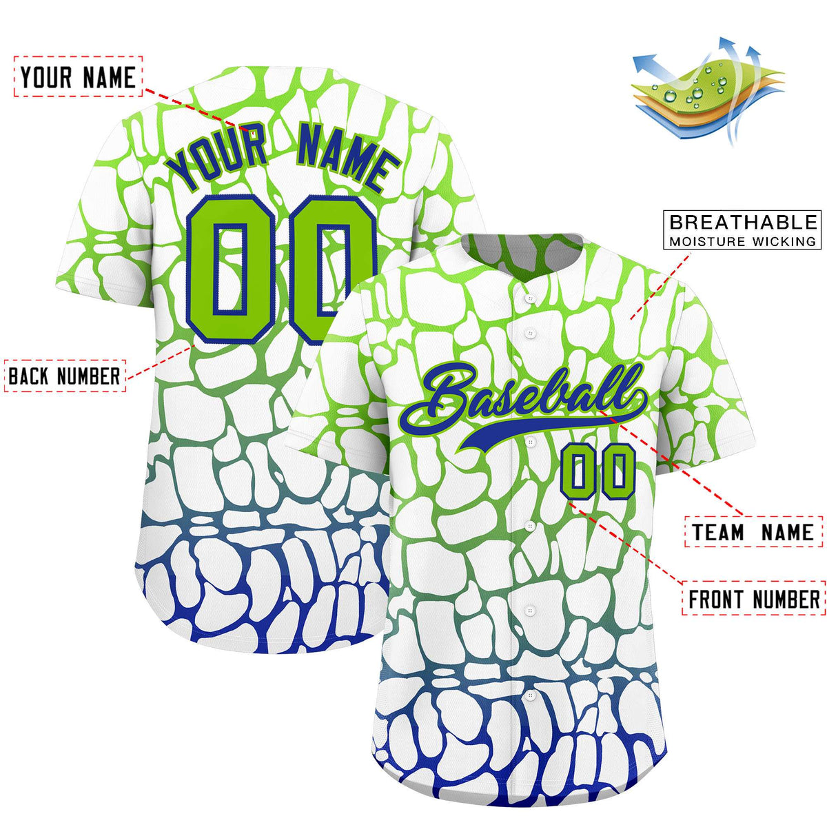 Custom Neon Green Royal Giraffe Graffiti Pattern Authentic Baseball Jersey