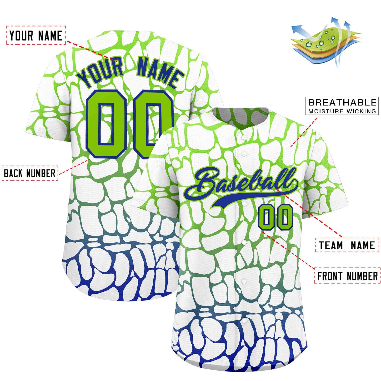 Custom Neon Green Royal Giraffe Graffiti Pattern Authentic Baseball Jersey