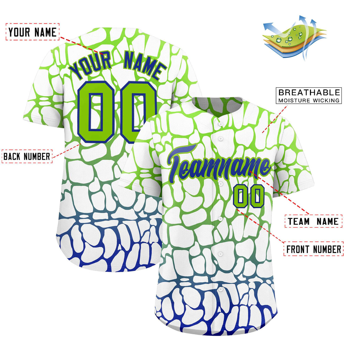 Custom Neon Green Royal Giraffe Graffiti Pattern Authentic Baseball Jersey