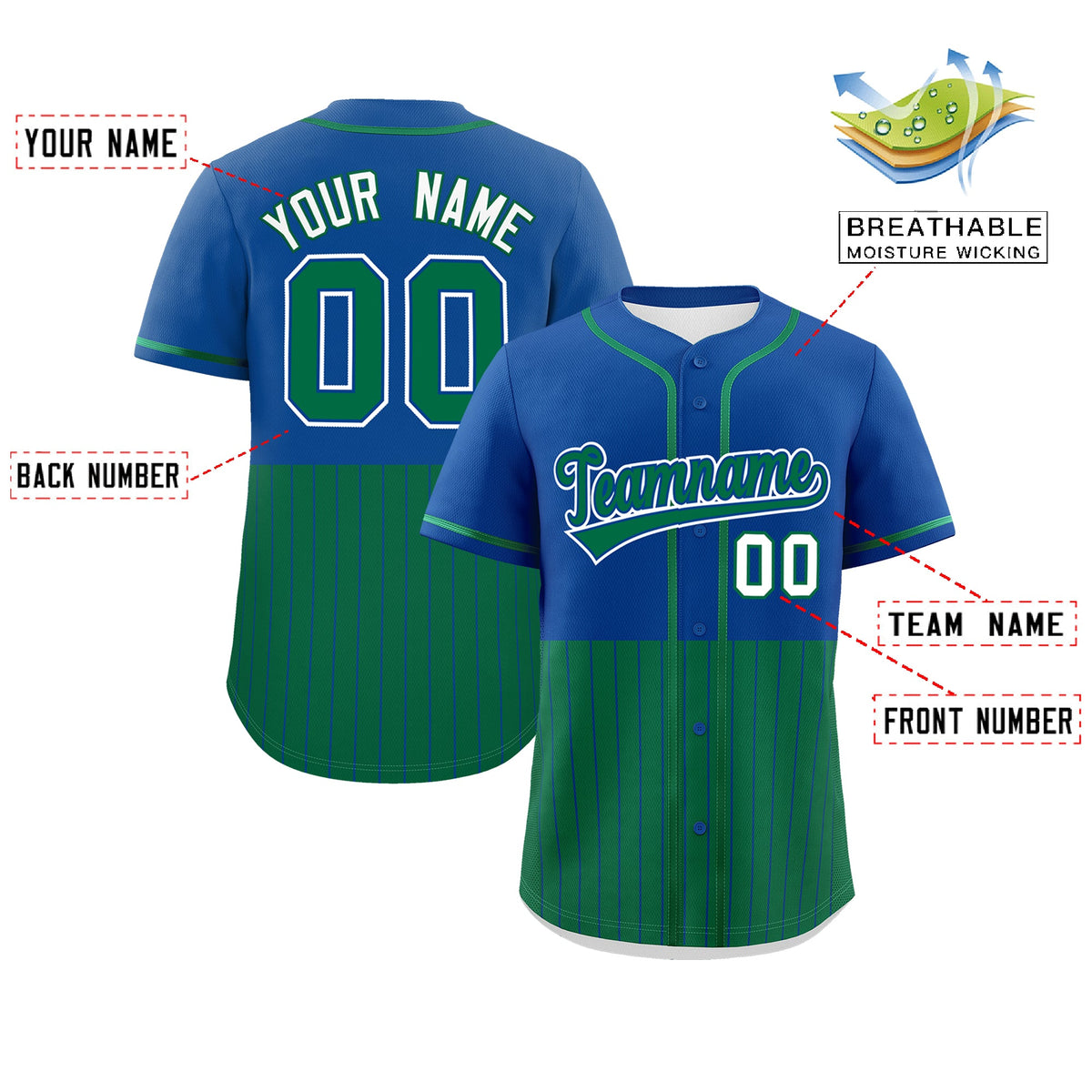 Custom Royal Kelly Green Personalized Half Stripe Design Authentic Baseball Jersey