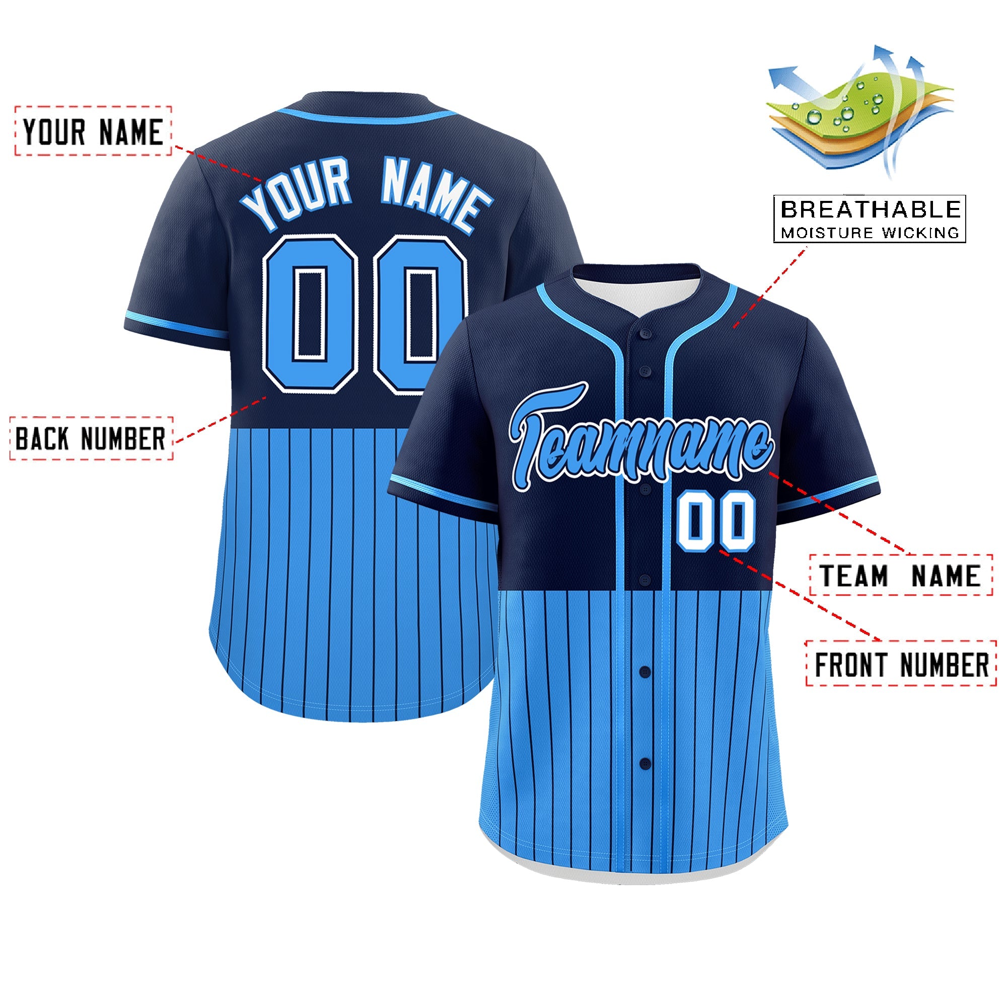 Custom Navy Powder Blue Personalized Half Stripe Design Authentic Baseball Jersey
