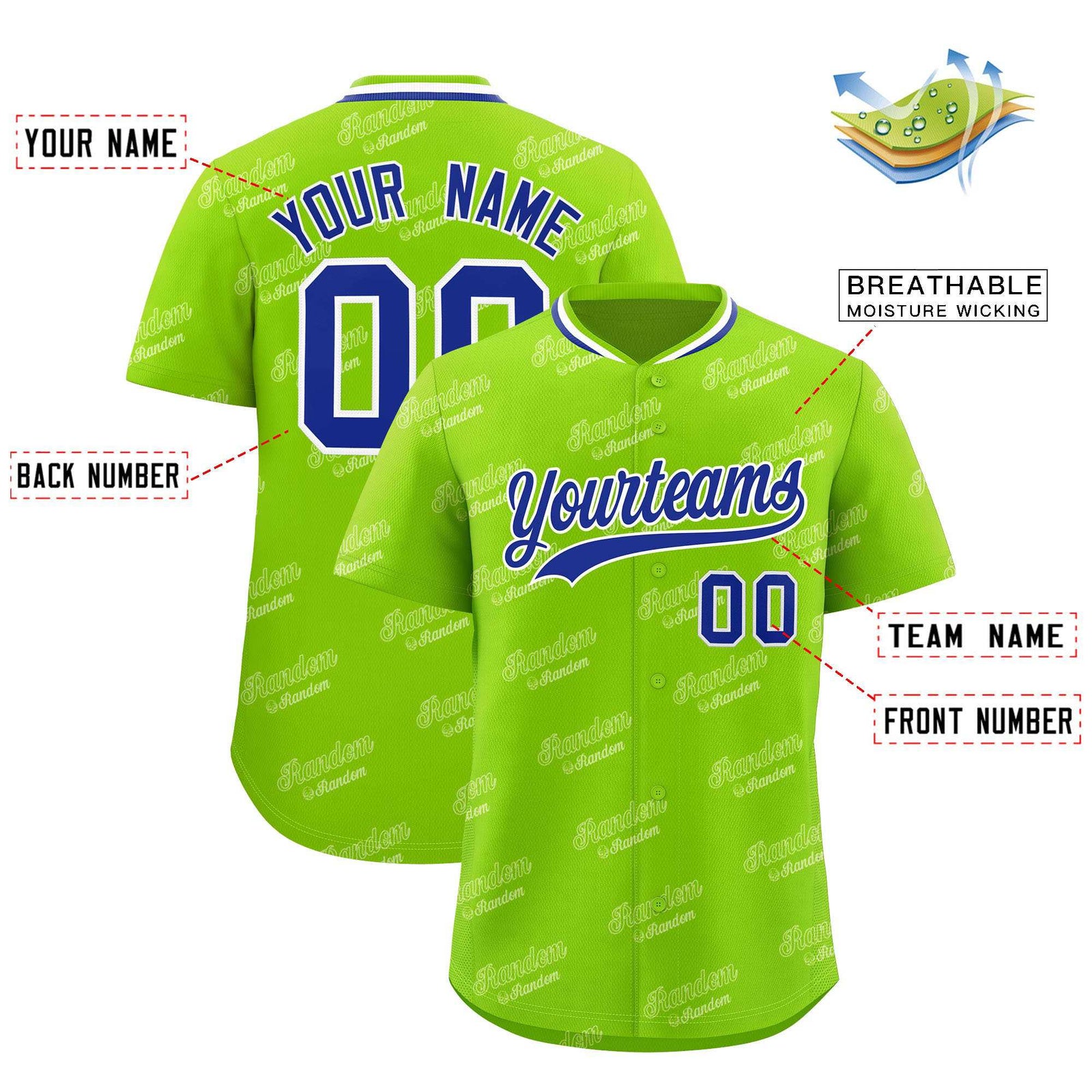 Custom Neon Green Royal Full Button Text Graffiti Pattern Authentic Baseball Jersey