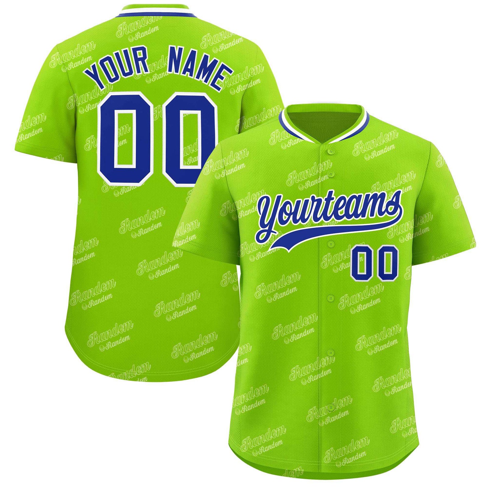 Custom Neon Green Royal Full Button Text Graffiti Pattern Authentic Baseball Jersey
