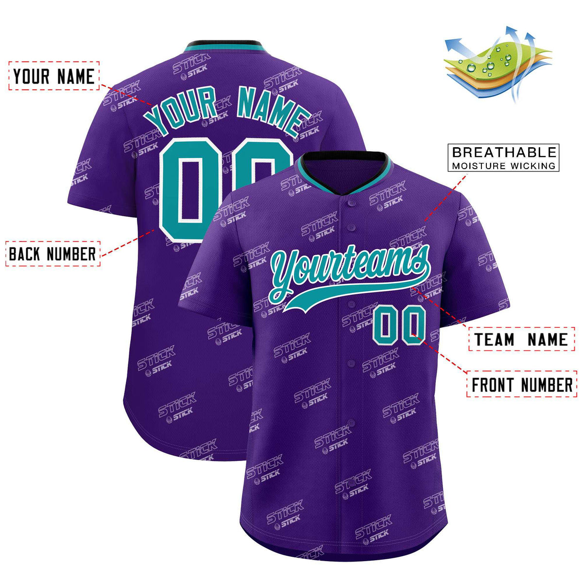 Custom Purple Aqua Full Button Text Graffiti Pattern Authentic Baseball Jersey