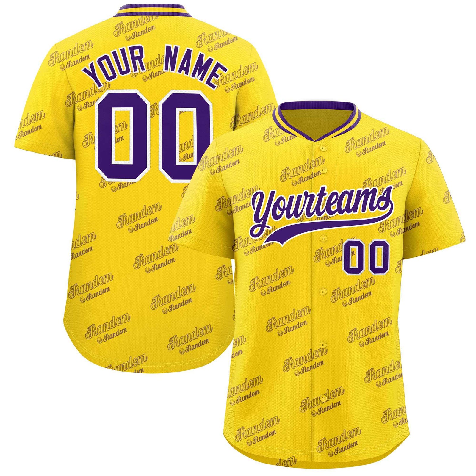 Custom Gold Purple Full Button Text Graffiti Pattern Authentic Baseball Jersey