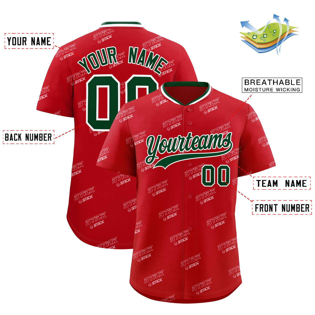 Custom Red Green Full Button Text Graffiti Pattern Authentic Baseball Jersey