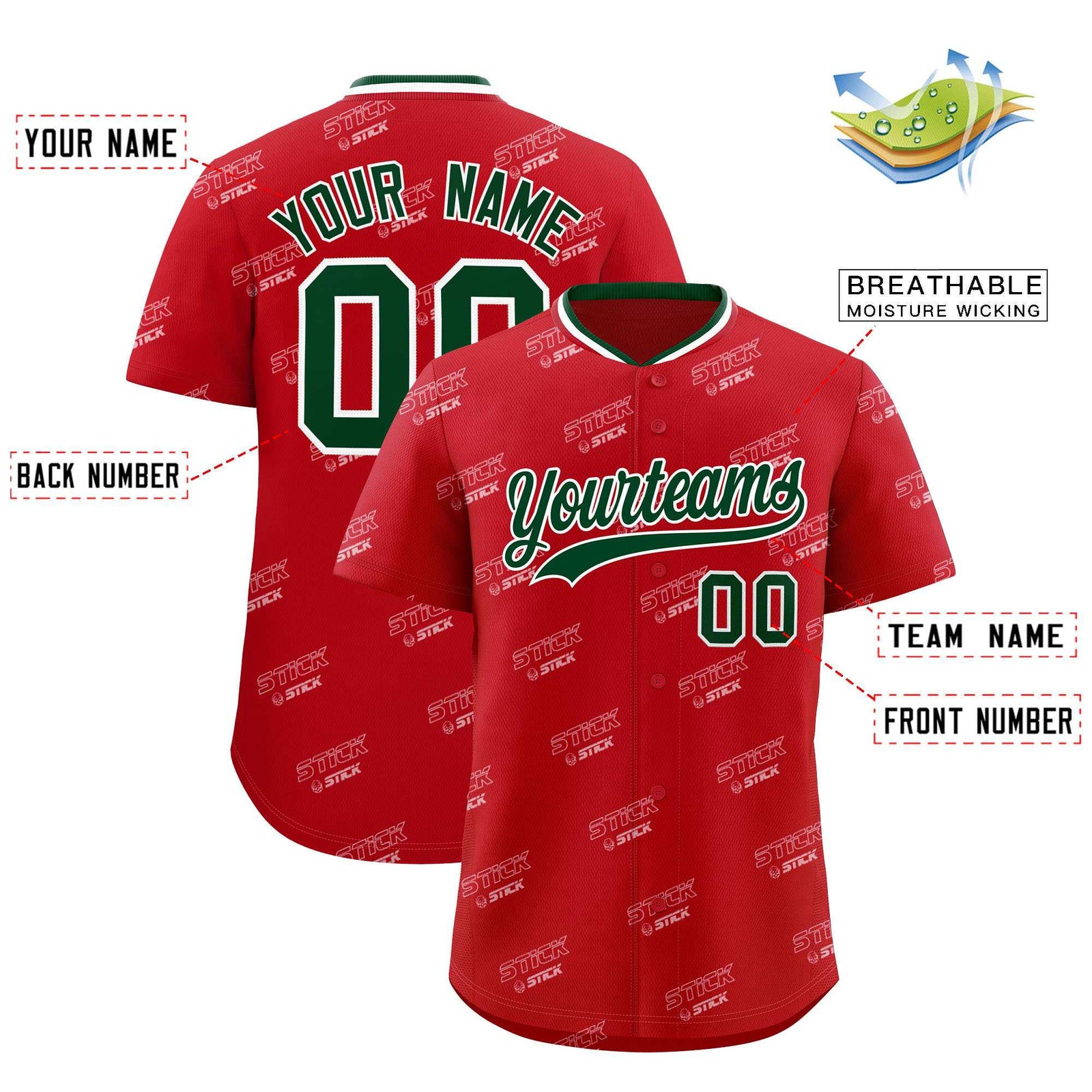 Custom Red Green Full Button Text Graffiti Pattern Authentic Baseball Jersey