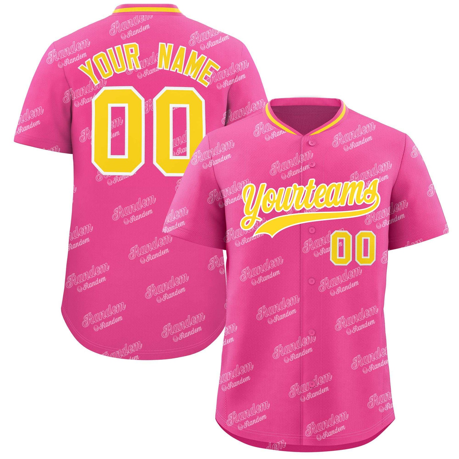 Custom Pink Gold Full Button Text Graffiti Pattern Authentic Baseball Jersey