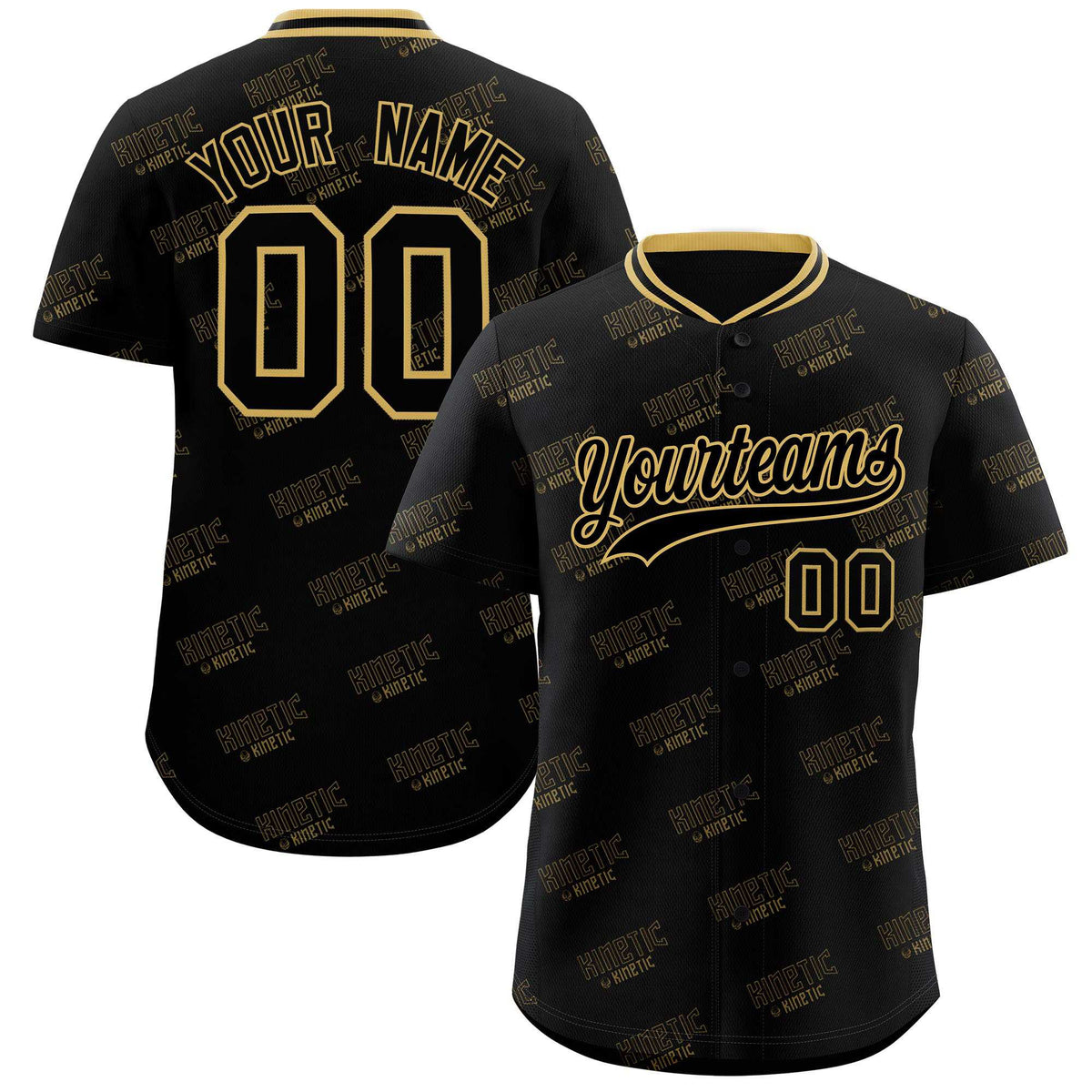 Custom Black Old Gold Full Button Text Graffiti Pattern Authentic Baseball Jersey