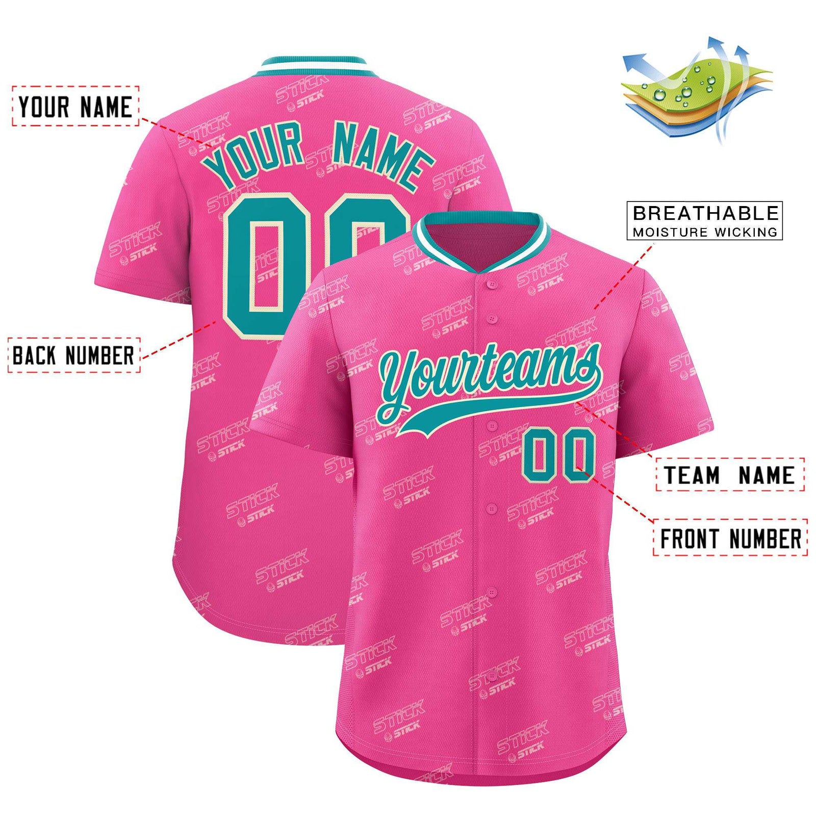 Custom Pink Aqua Full Button Text Graffiti Pattern Authentic Baseball Jersey