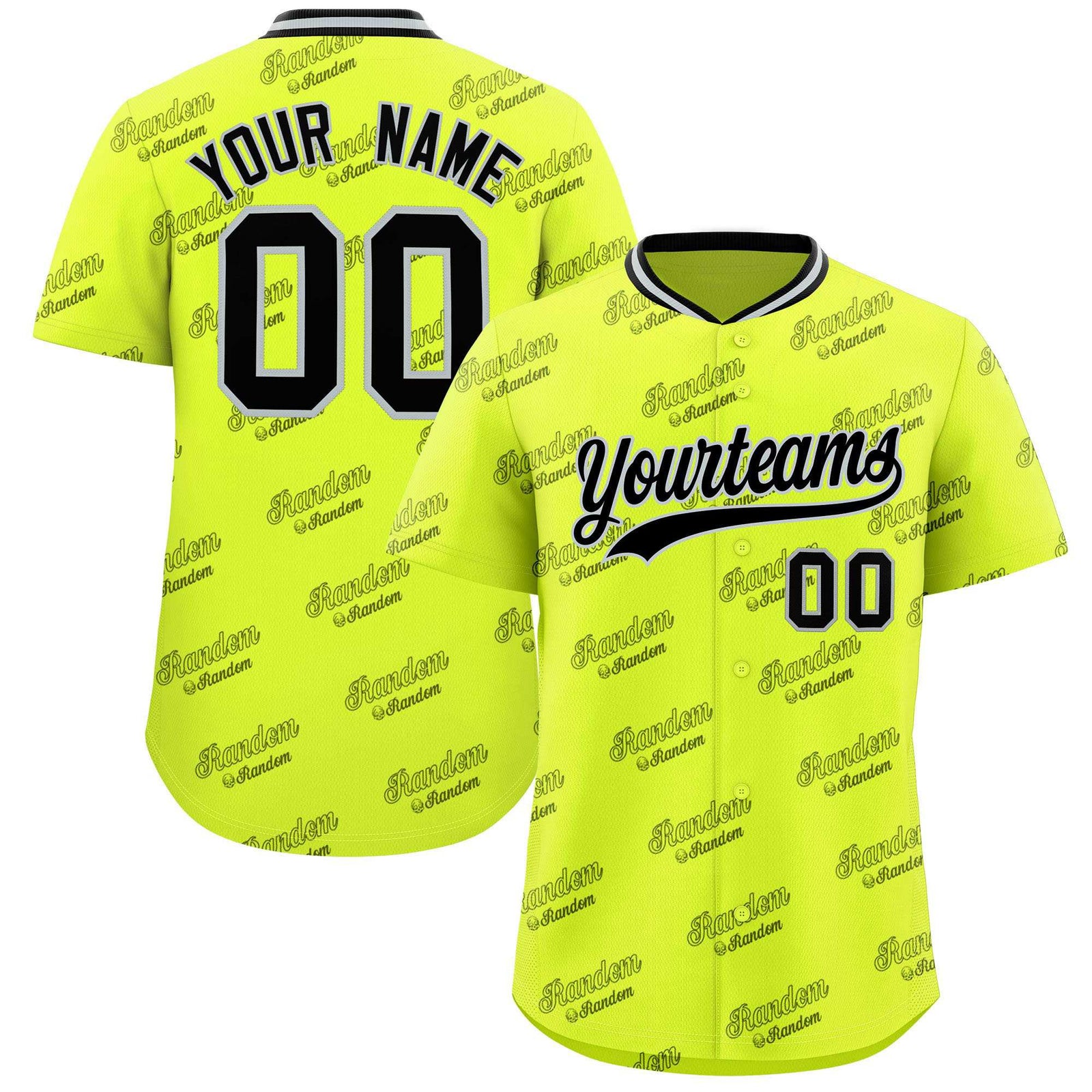 Custom Fluorescent Green Black Full Button Text Graffiti Pattern Authentic Baseball Jersey