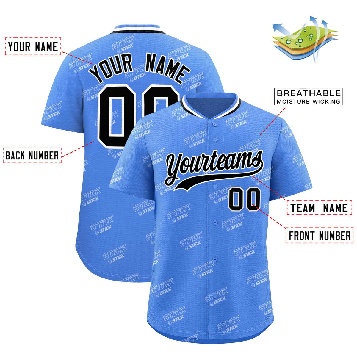 Custom Powder Blue Black Full Button Text Graffiti Pattern Authentic Baseball Jersey