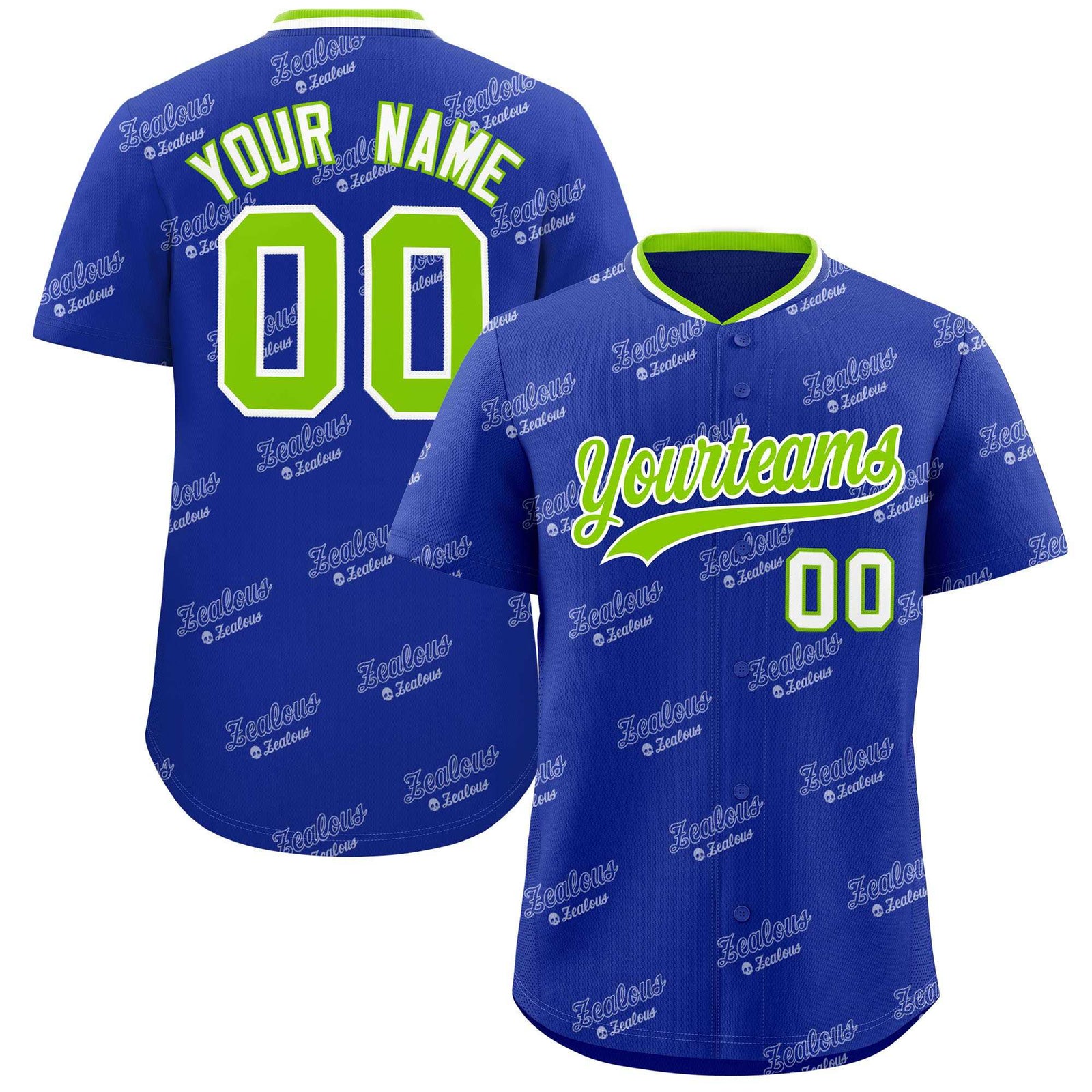 Custom Royal Neon Green Full Button Text Graffiti Pattern Authentic Baseball Jersey