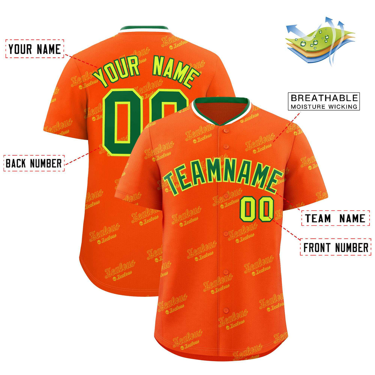 Custom Orange Kelly Green Full Button Text Graffiti Pattern Authentic Baseball Jersey