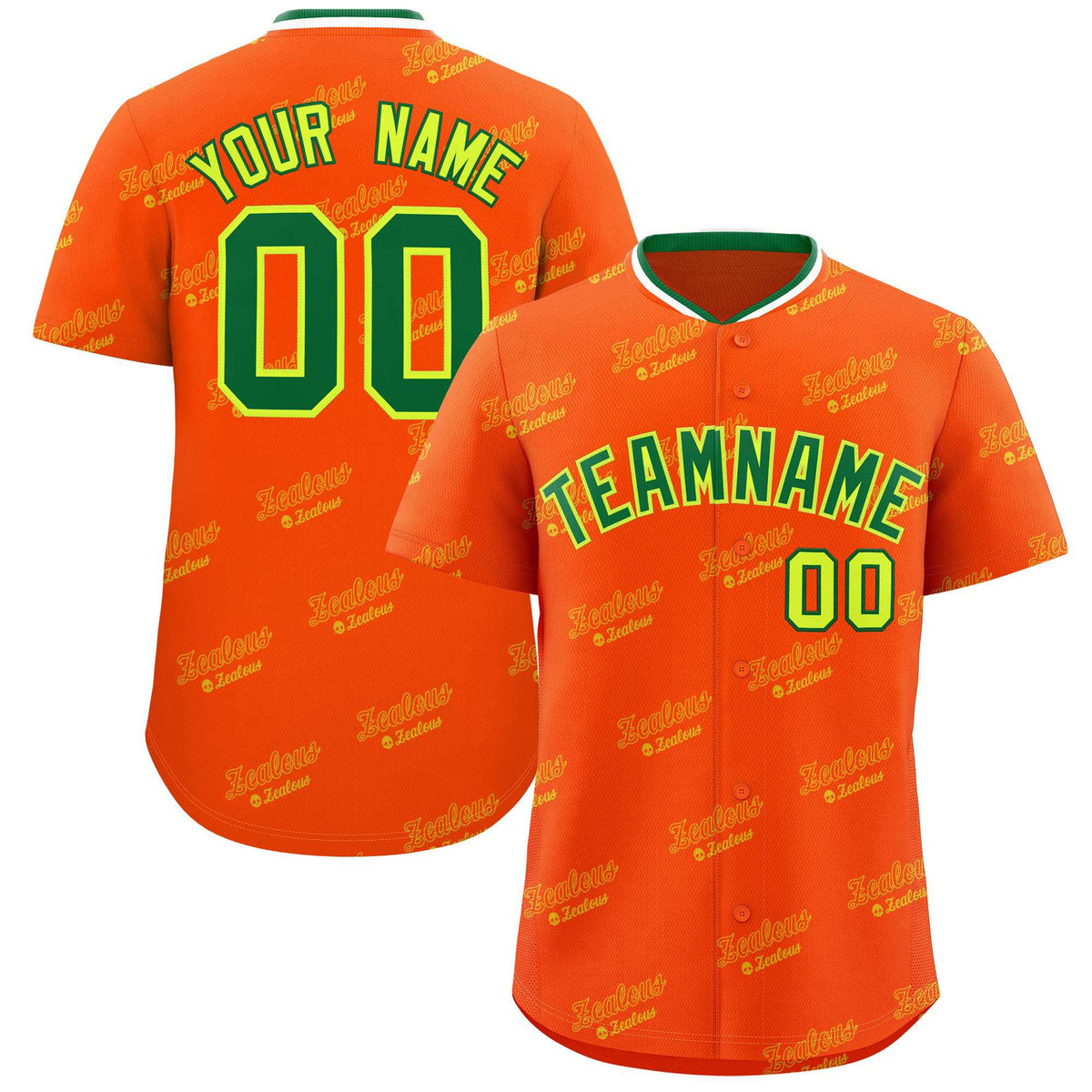 Custom Orange Kelly Green Full Button Text Graffiti Pattern Authentic Baseball Jersey