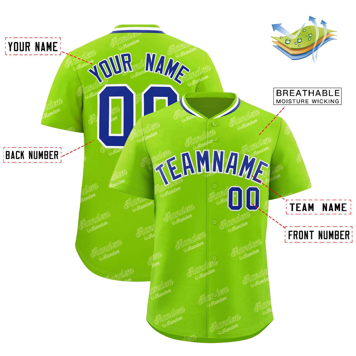 Custom Neon Green Royal Full Button Text Graffiti Pattern Authentic Baseball Jersey