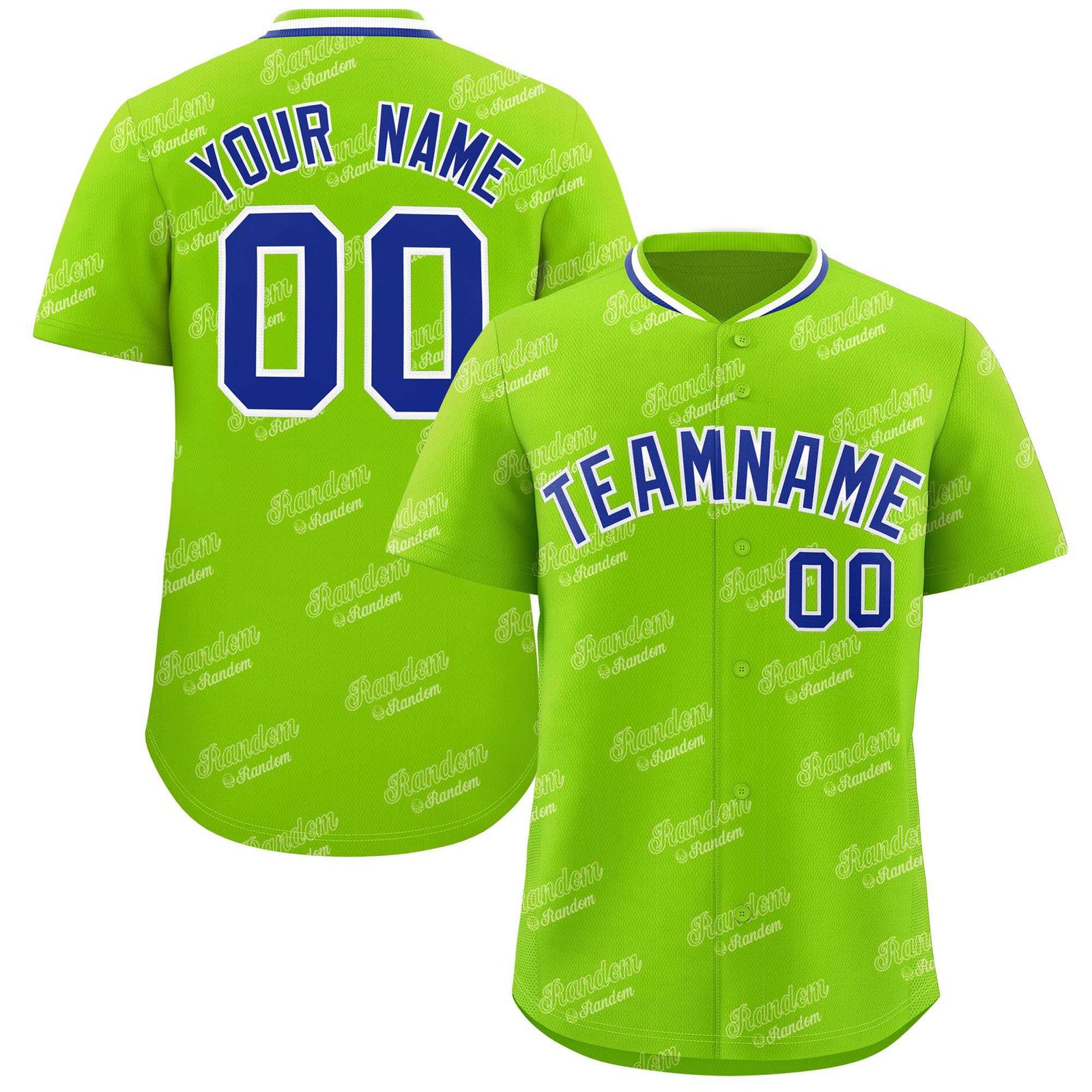 Custom Neon Green Royal Full Button Text Graffiti Pattern Authentic Baseball Jersey