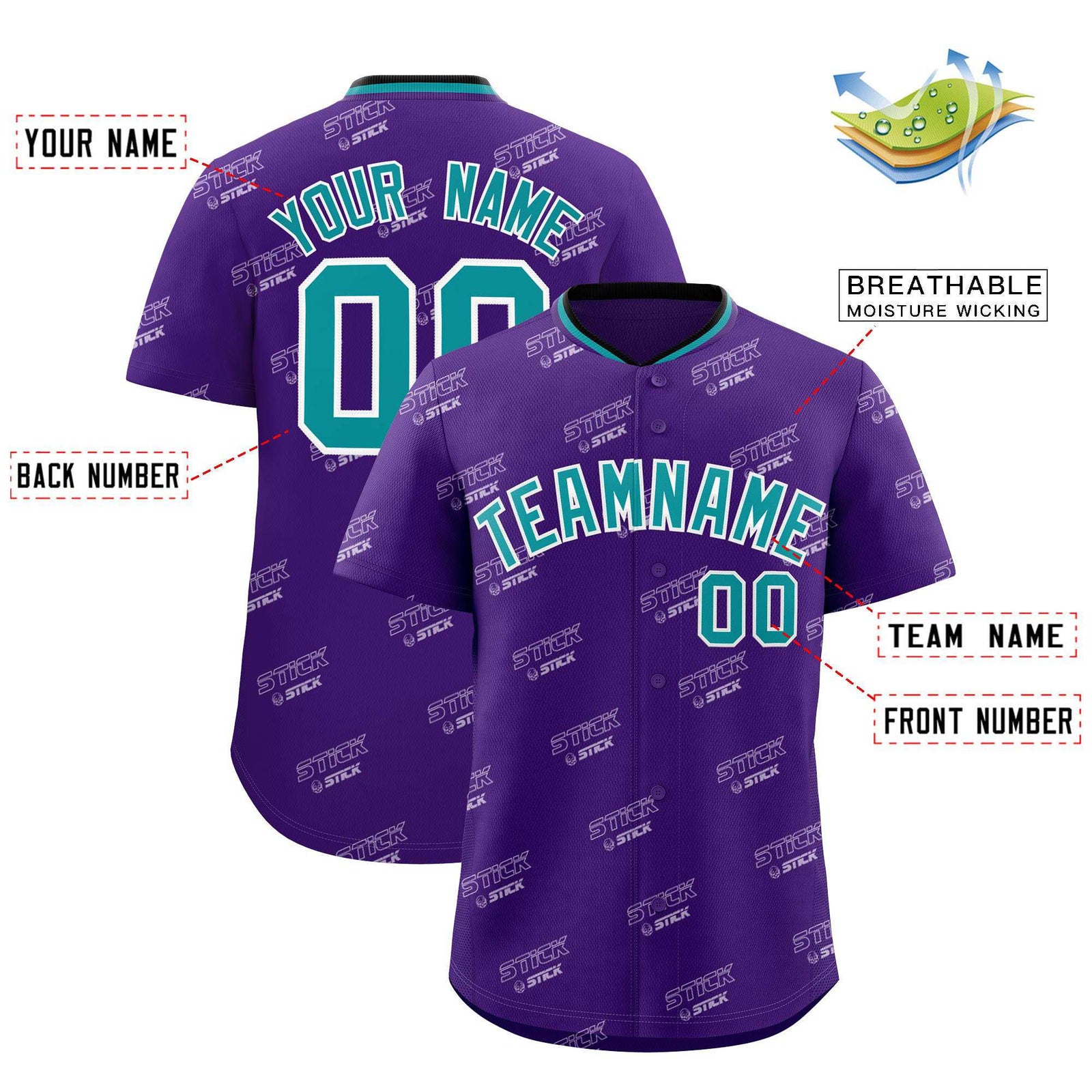 Custom Purple Aqua Full Button Text Graffiti Pattern Authentic Baseball Jersey