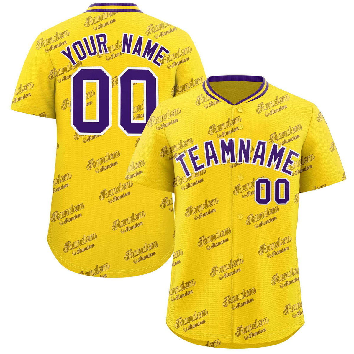 Custom Gold Purple Full Button Text Graffiti Pattern Authentic Baseball Jersey