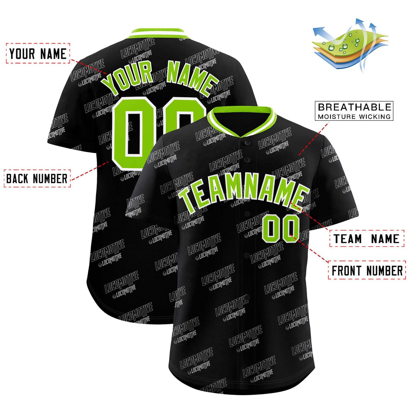 Custom Black Neon Green Full Button Text Graffiti Pattern Authentic Baseball Jersey