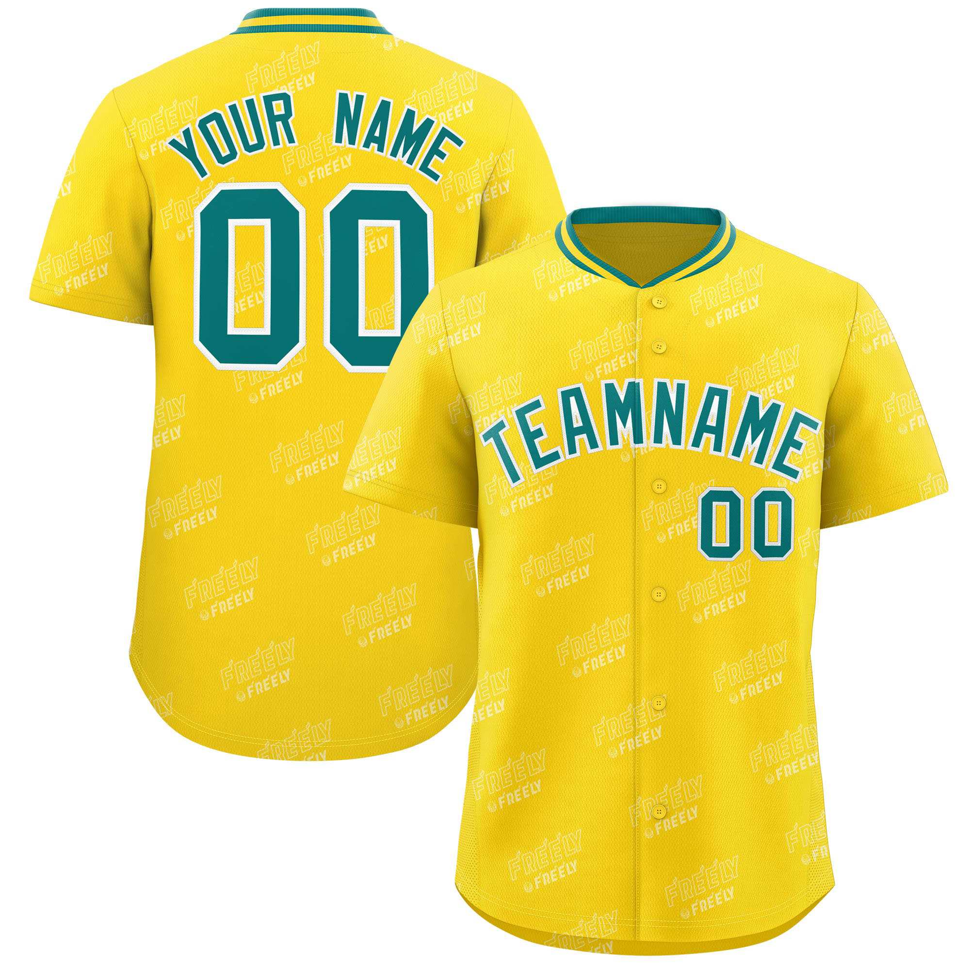 Custom Gold Teal Full Button Text Graffiti Pattern Authentic Baseball Jersey
