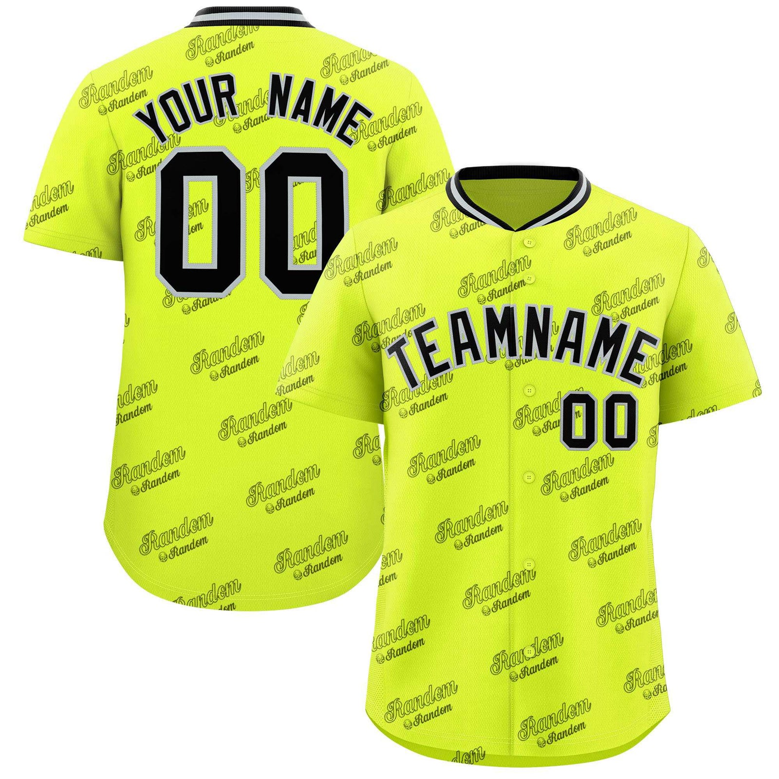 Custom Fluorescent Green Black Full Button Text Graffiti Pattern Authentic Baseball Jersey