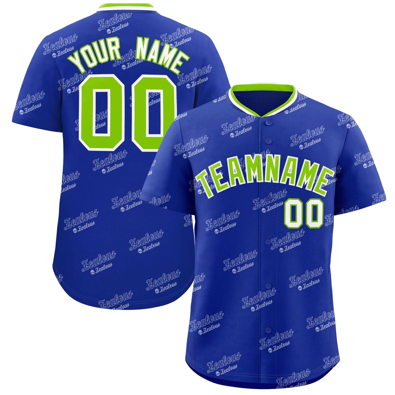 Custom Royal Neon Green Full Button Text Graffiti Pattern Authentic Baseball Jersey