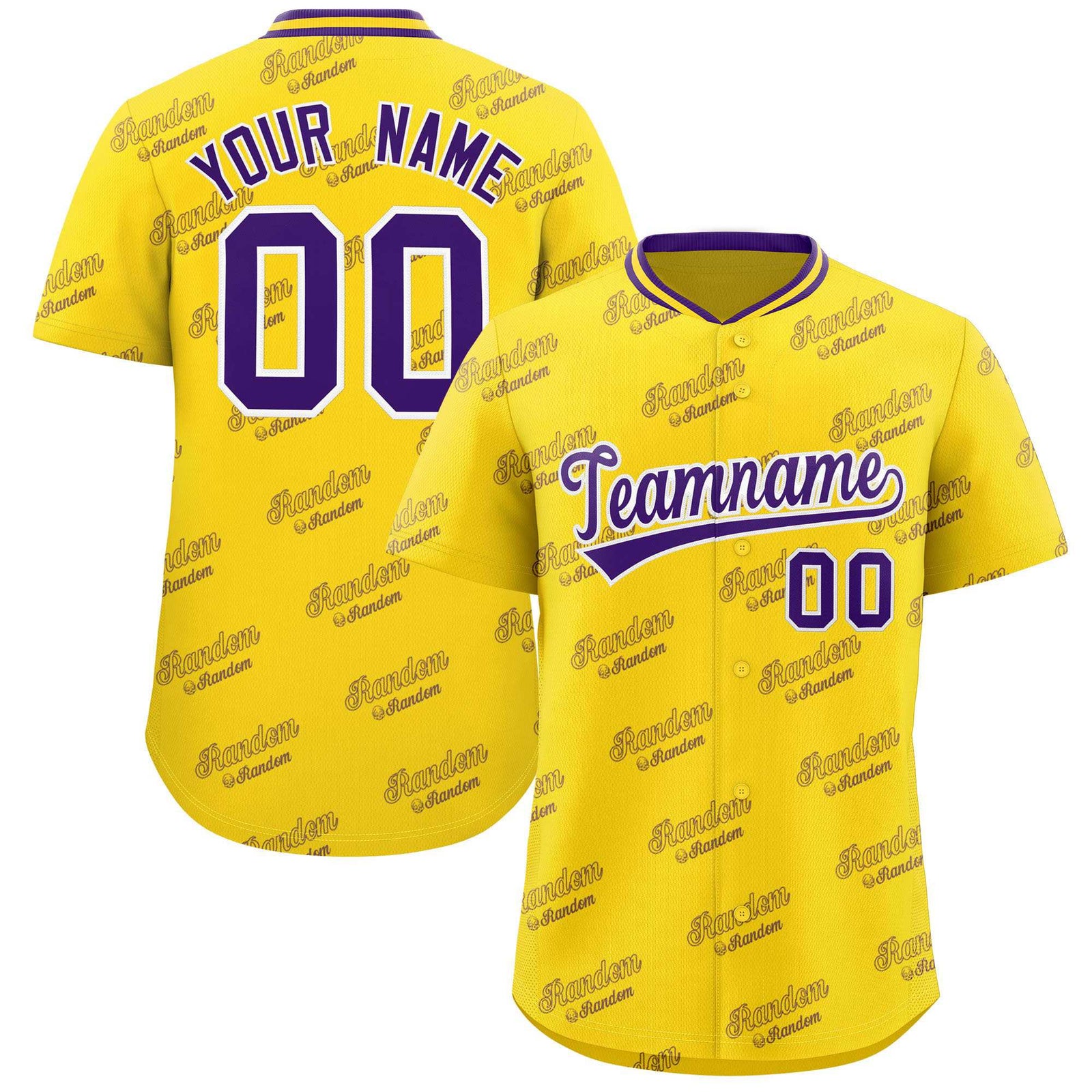 Custom Gold Purple Full Button Text Graffiti Pattern Authentic Baseball Jersey