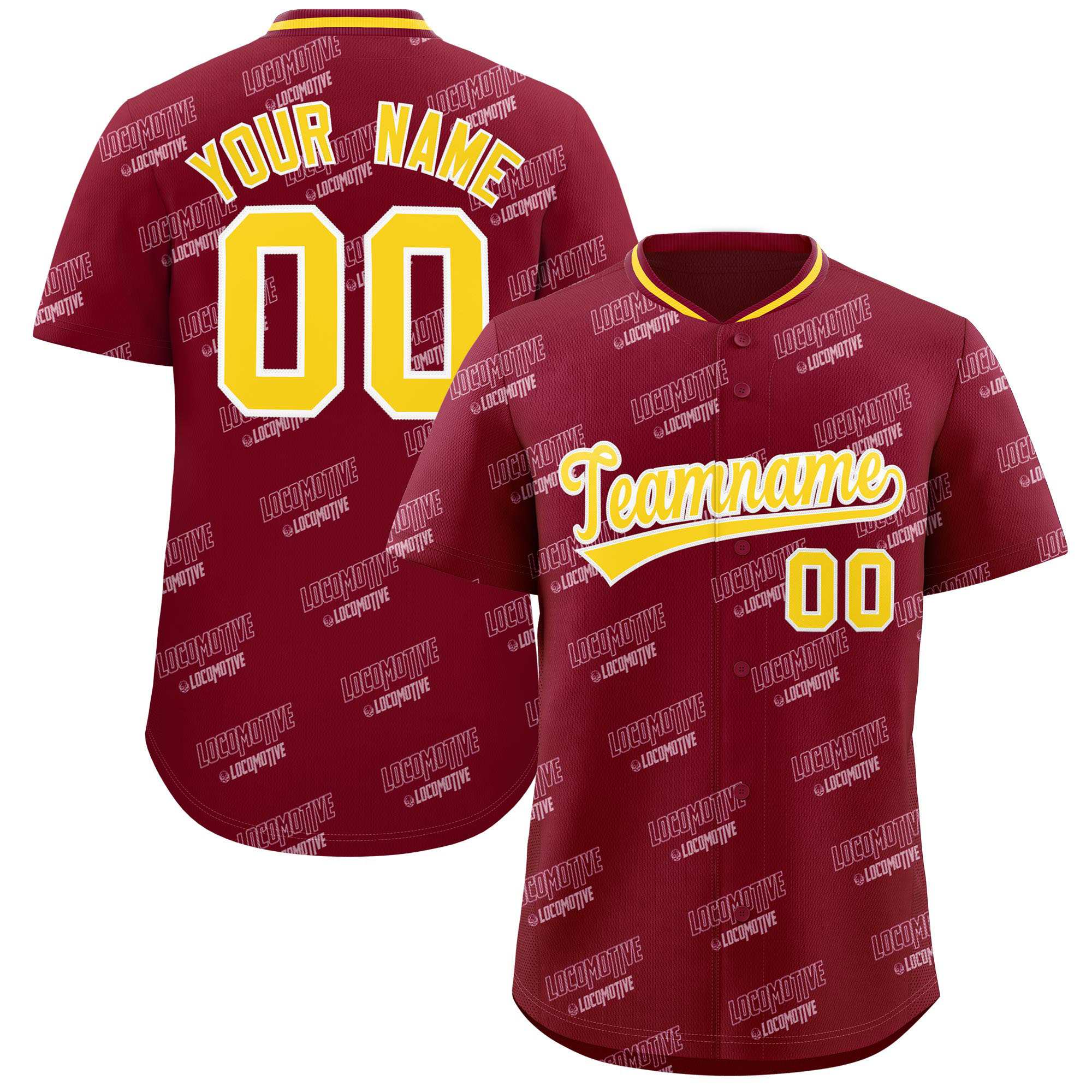 Custom Crimson Gold Full Button Text Graffiti Pattern Authentic Baseball Jersey
