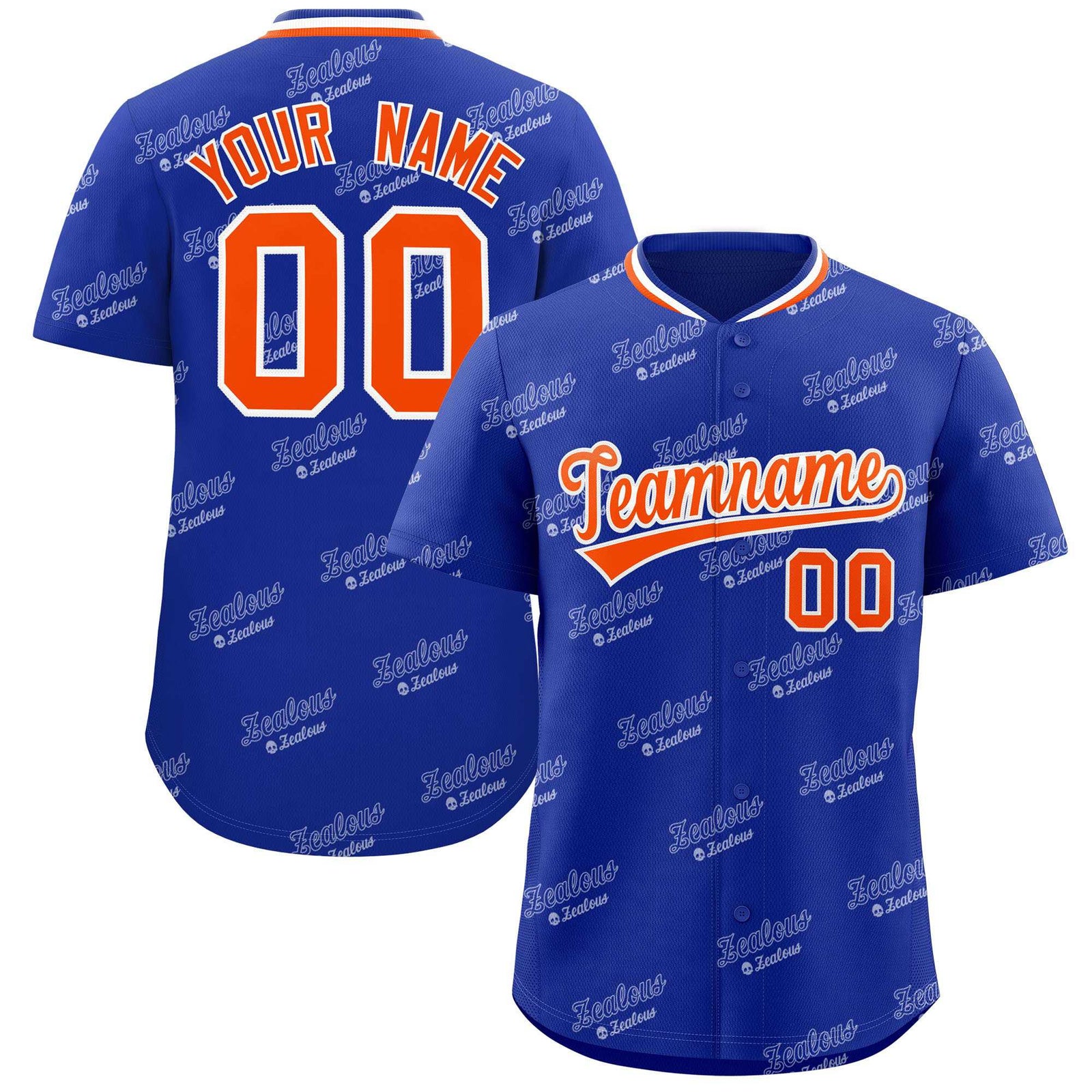 Custom Royal Orange Full Button Text Graffiti Pattern Authentic Baseball Jersey
