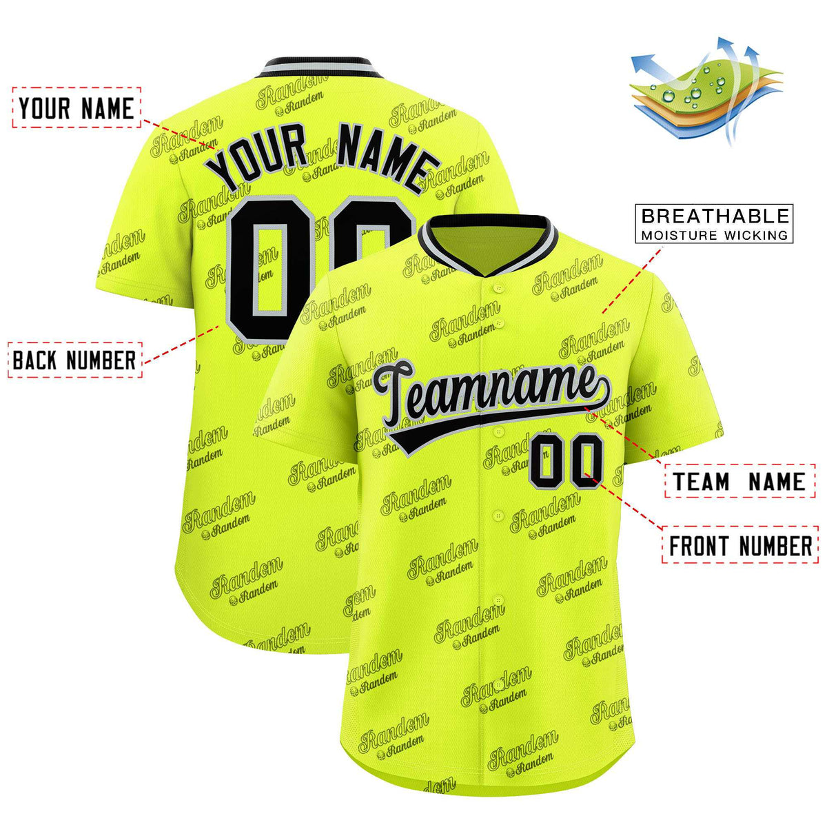 Custom Fluorescent Green Black Full Button Text Graffiti Pattern Authentic Baseball Jersey