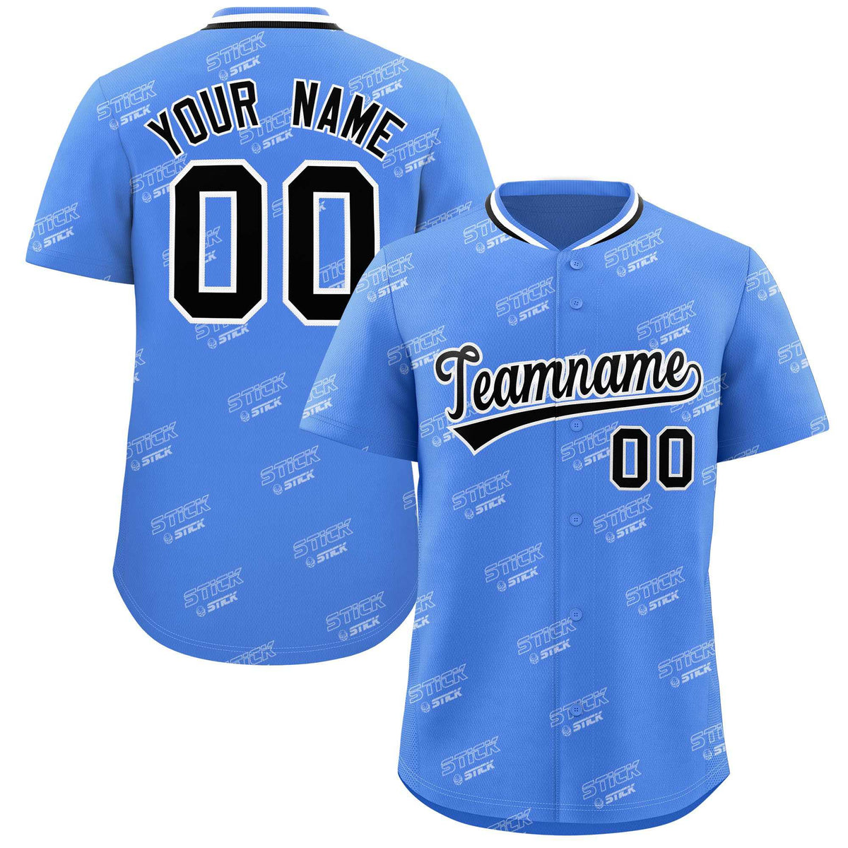 Custom Powder Blue Black Full Button Text Graffiti Pattern Authentic Baseball Jersey