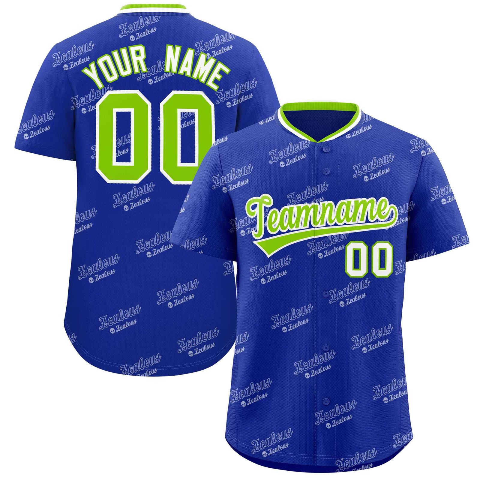 Custom Royal Neon Green Full Button Text Graffiti Pattern Authentic Baseball Jersey