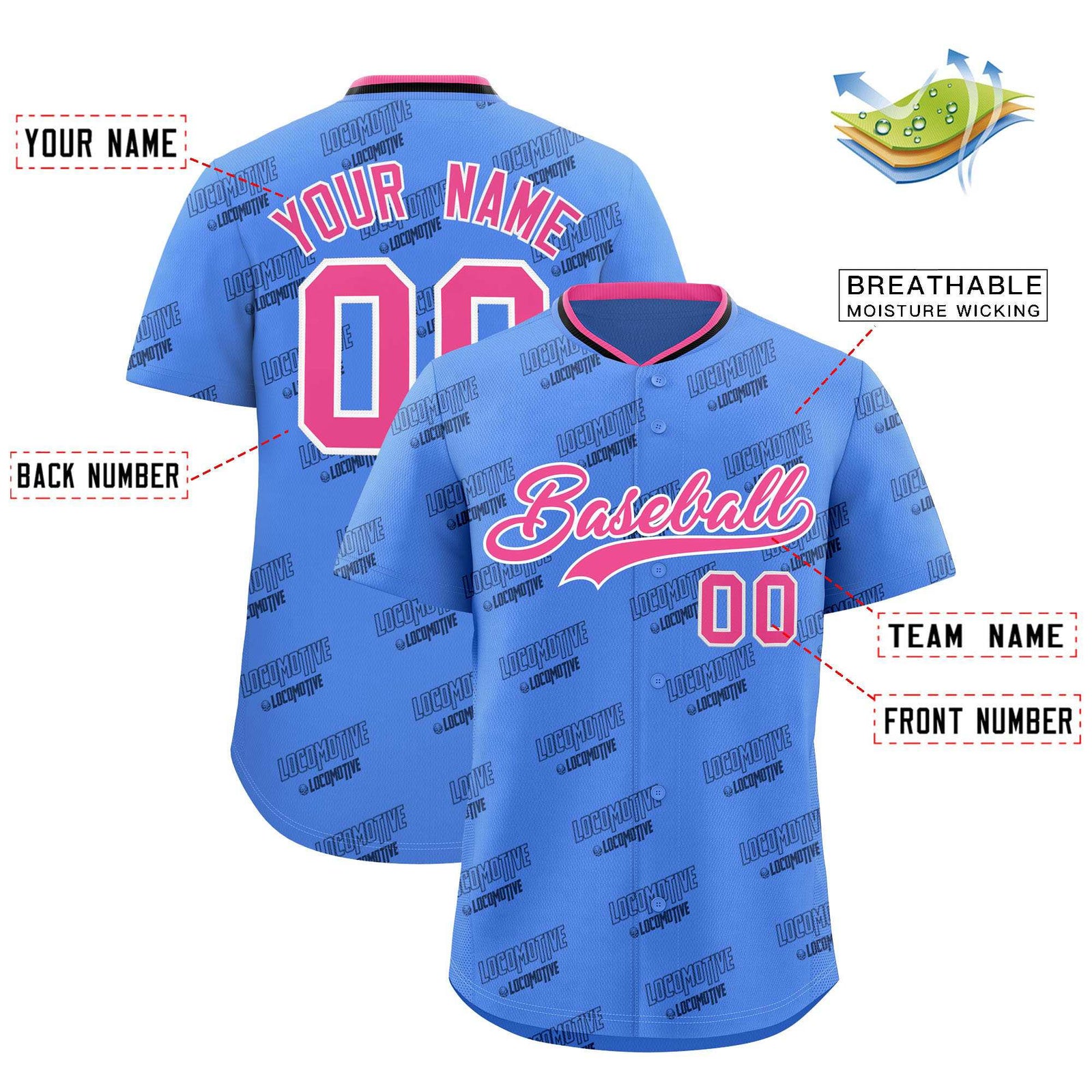 Custom Powder Blue Pink Full Button Text Graffiti Pattern Authentic Baseball Jersey
