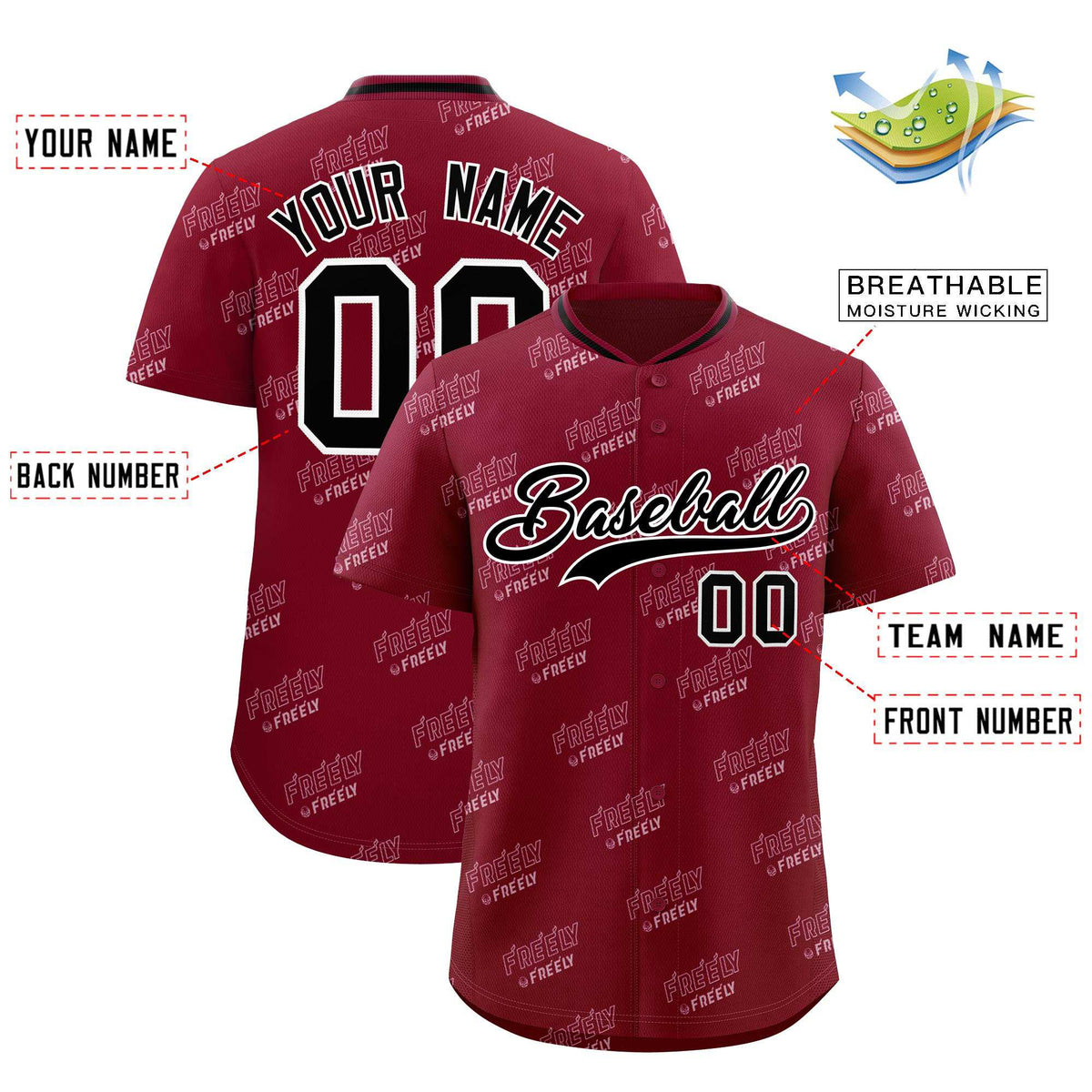Custom Crimson Black Full Button Text Graffiti Pattern Authentic Baseball Jersey
