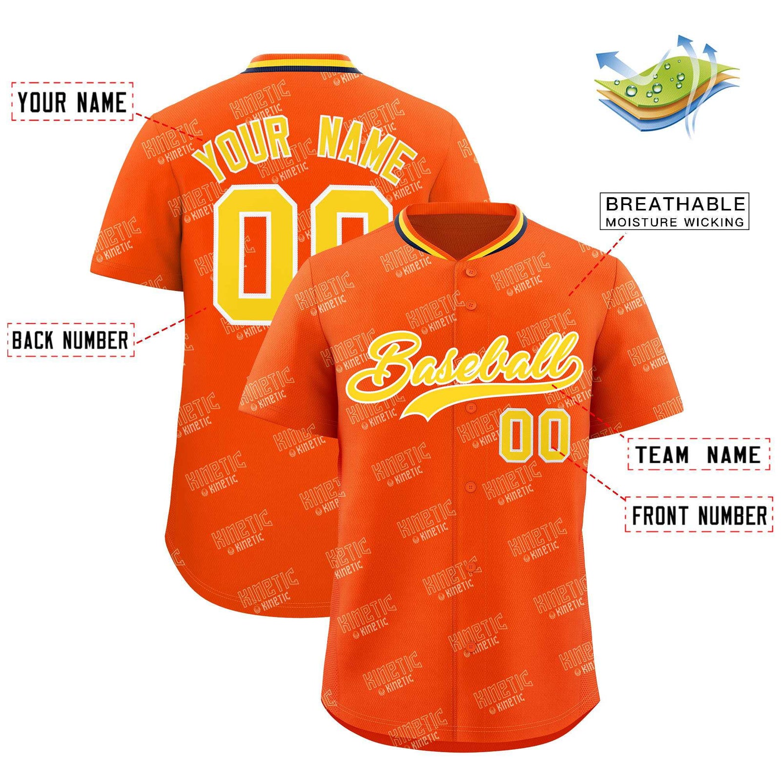 Custom Orange Gold Full Button Text Graffiti Pattern Authentic Baseball Jersey