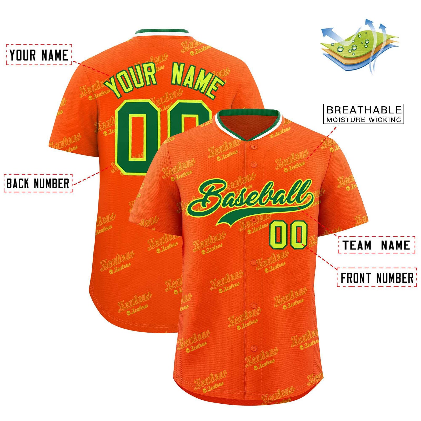 Custom Orange Kelly Green Full Button Text Graffiti Pattern Authentic Baseball Jersey