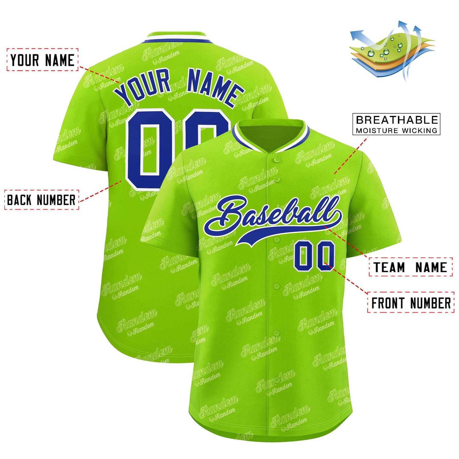 Custom Neon Green Royal Full Button Text Graffiti Pattern Authentic Baseball Jersey
