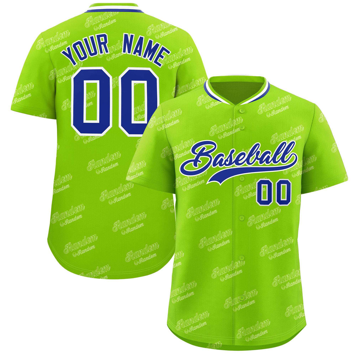 Custom Neon Green Royal Full Button Text Graffiti Pattern Authentic Baseball Jersey