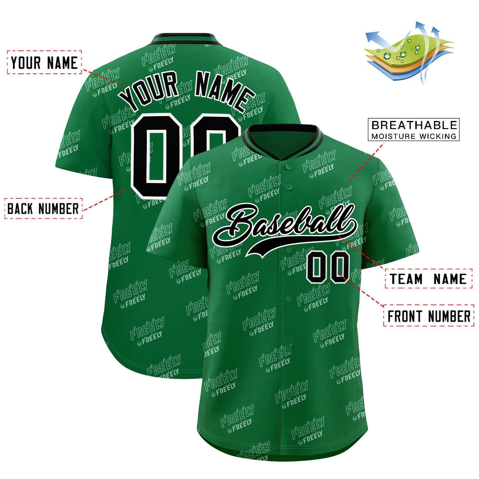 Custom Kelly Green Black Full Button Text Graffiti Pattern Authentic Baseball Jersey