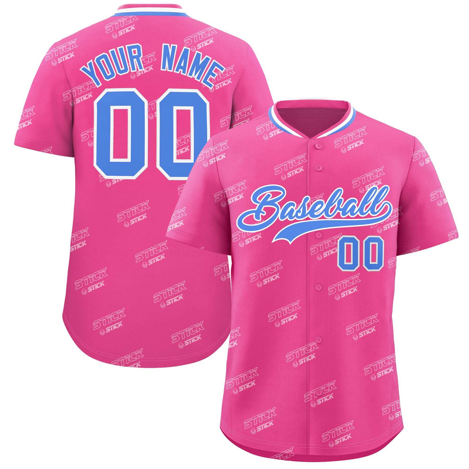 Custom Pink Powder Blue Full Button Text Graffiti Pattern Authentic Baseball Jersey