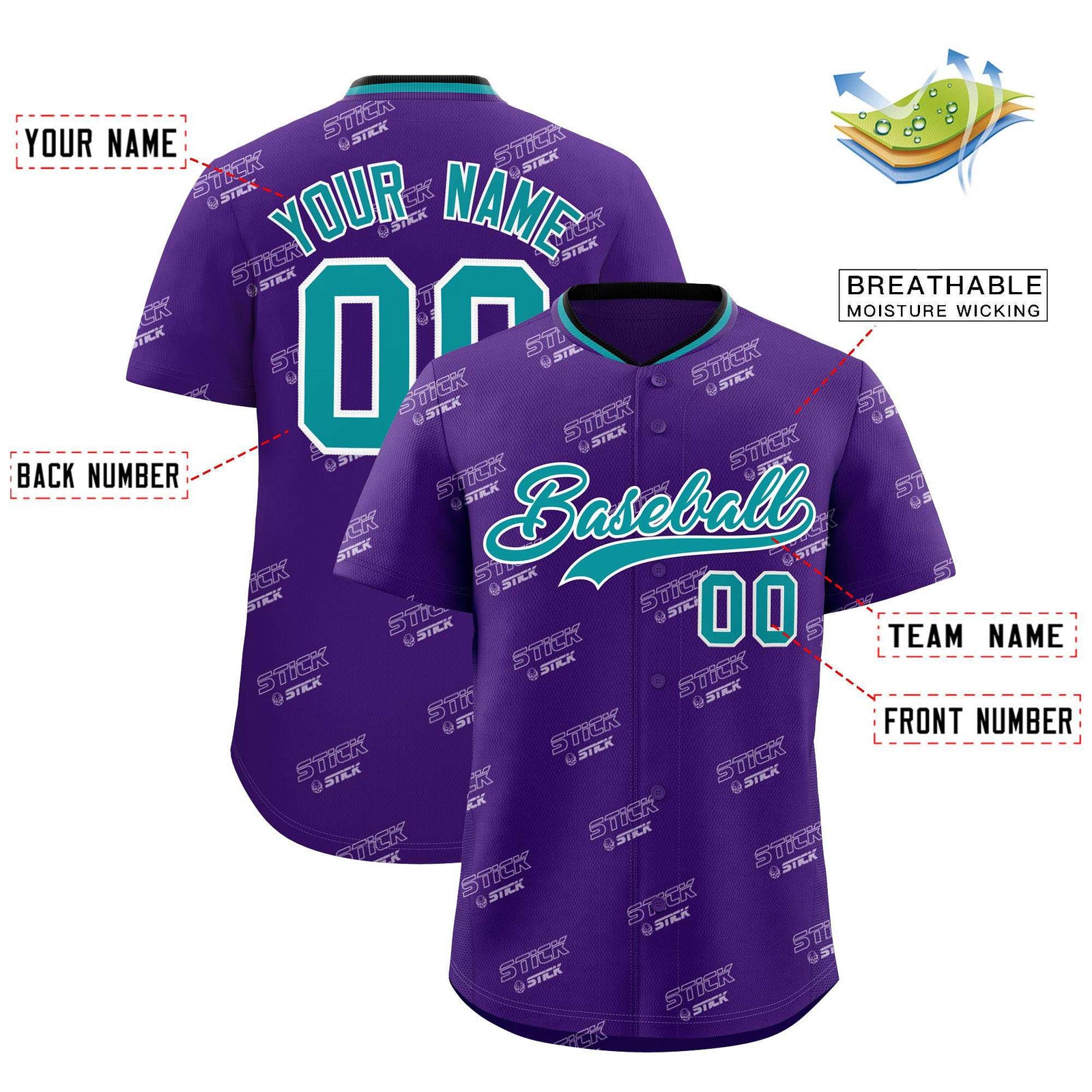 Custom Purple Aqua Full Button Text Graffiti Pattern Authentic Baseball Jersey