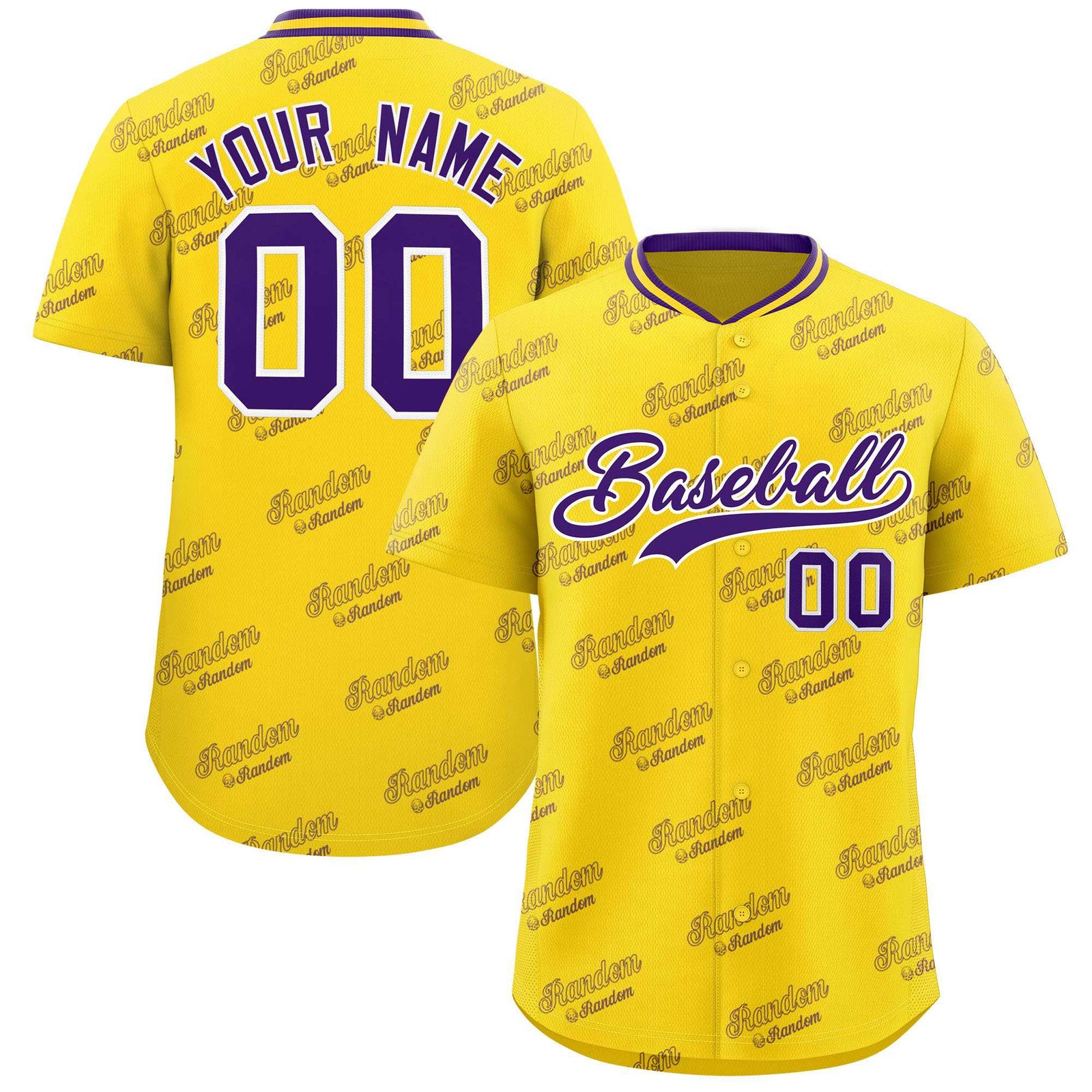 Custom Gold Purple Full Button Text Graffiti Pattern Authentic Baseball Jersey