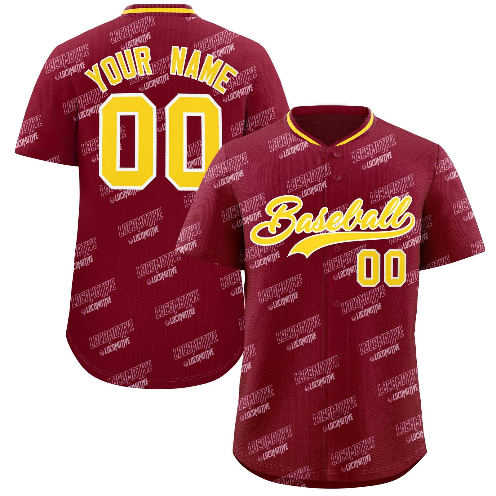 Custom Crimson Gold Full Button Text Graffiti Pattern Authentic Baseball Jersey