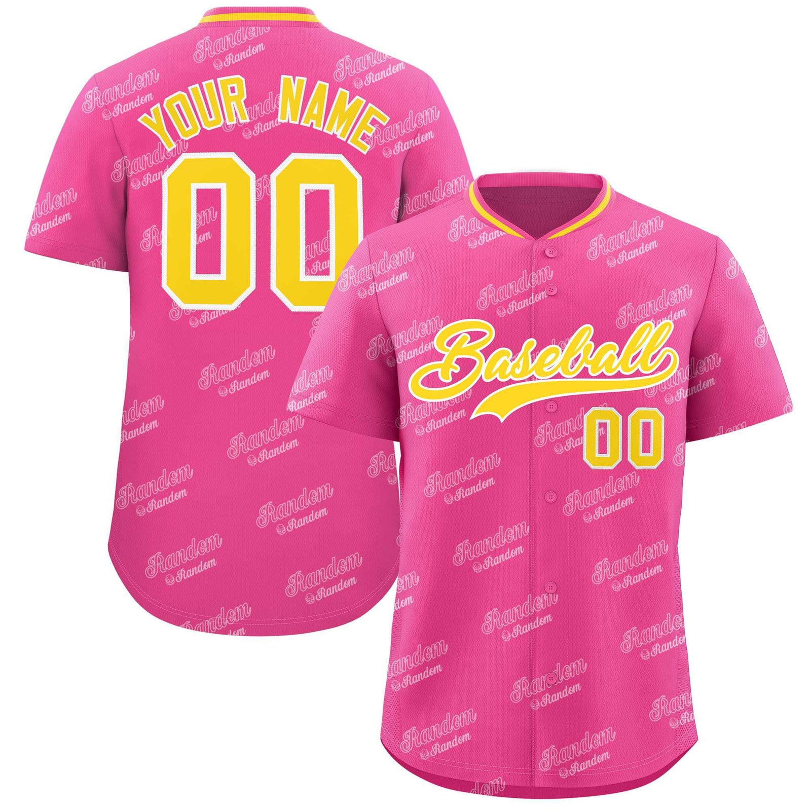 Custom Pink Gold Full Button Text Graffiti Pattern Authentic Baseball Jersey