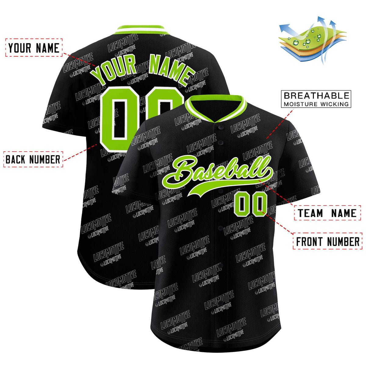 Custom Black Neon Green Full Button Text Graffiti Pattern Authentic Baseball Jersey
